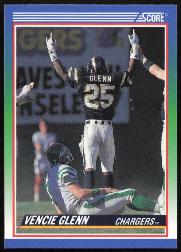 Vencie Glenn 1990 Score Football Card #394, featuring dynamic action shot and collectible design.