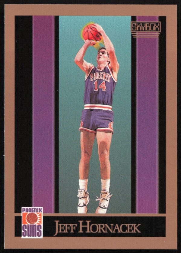 Front of 1990 SkyBox Jeff Hornacek NBA trading card #222, featuring vibrant graphics.