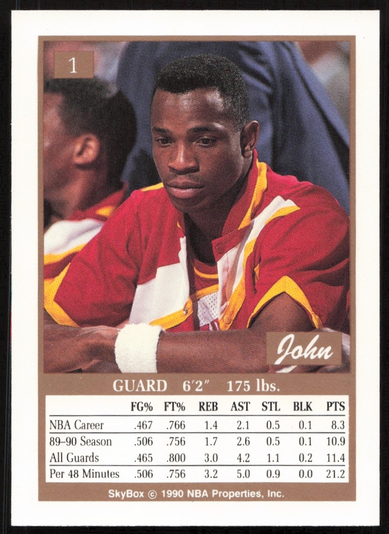 Back of 1990 SkyBox John Battle card: stats, career highlights, and biography.