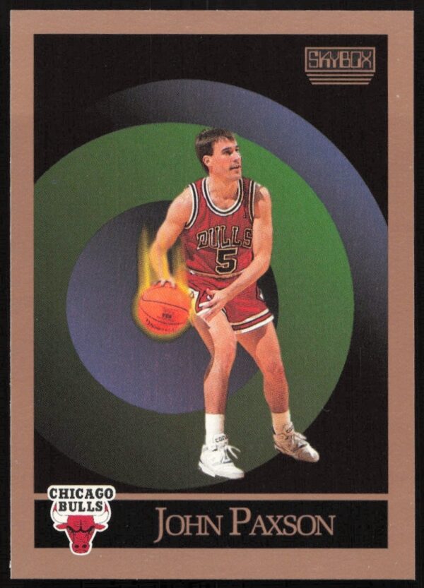 1990 SkyBox Basketball Card featuring John Paxson, Chicago Bulls, card number 44, action shot.