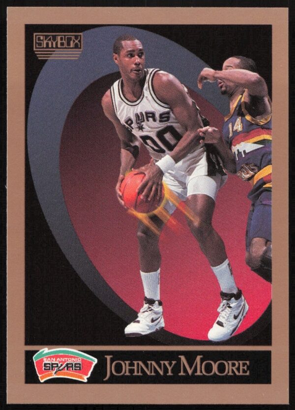 1990 SkyBox Johnny Moore basketball card #258, showcasing him dribbling during gameplay.