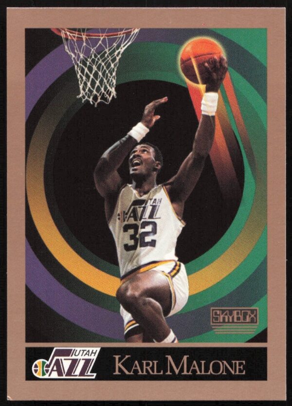 SkyBox 1990 Karl Malone Utah Jazz trading card, #282, front action pose.