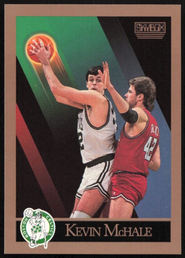 1990 SkyBox Kevin McHale basketball card showcasing player details and team colors.