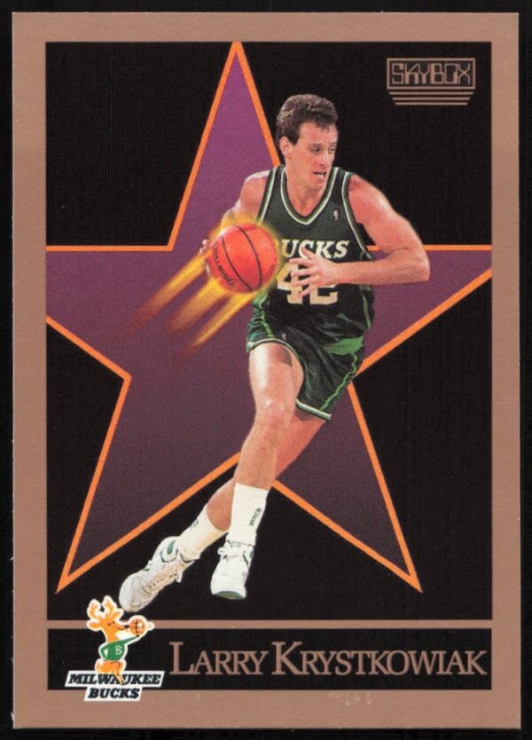 Front view of Larry Krystkowiak 1990 SkyBox basketball card, action shot, card #160.