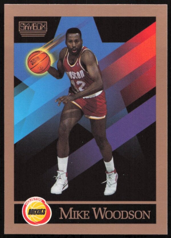 Mike Woodson 1990 SkyBox NBA card #386, front view in uniform.