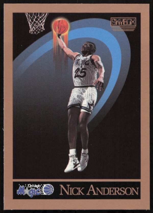 1990 SkyBox basketball card showing Orlando Magics Nick Anderson in action, card #199 front.