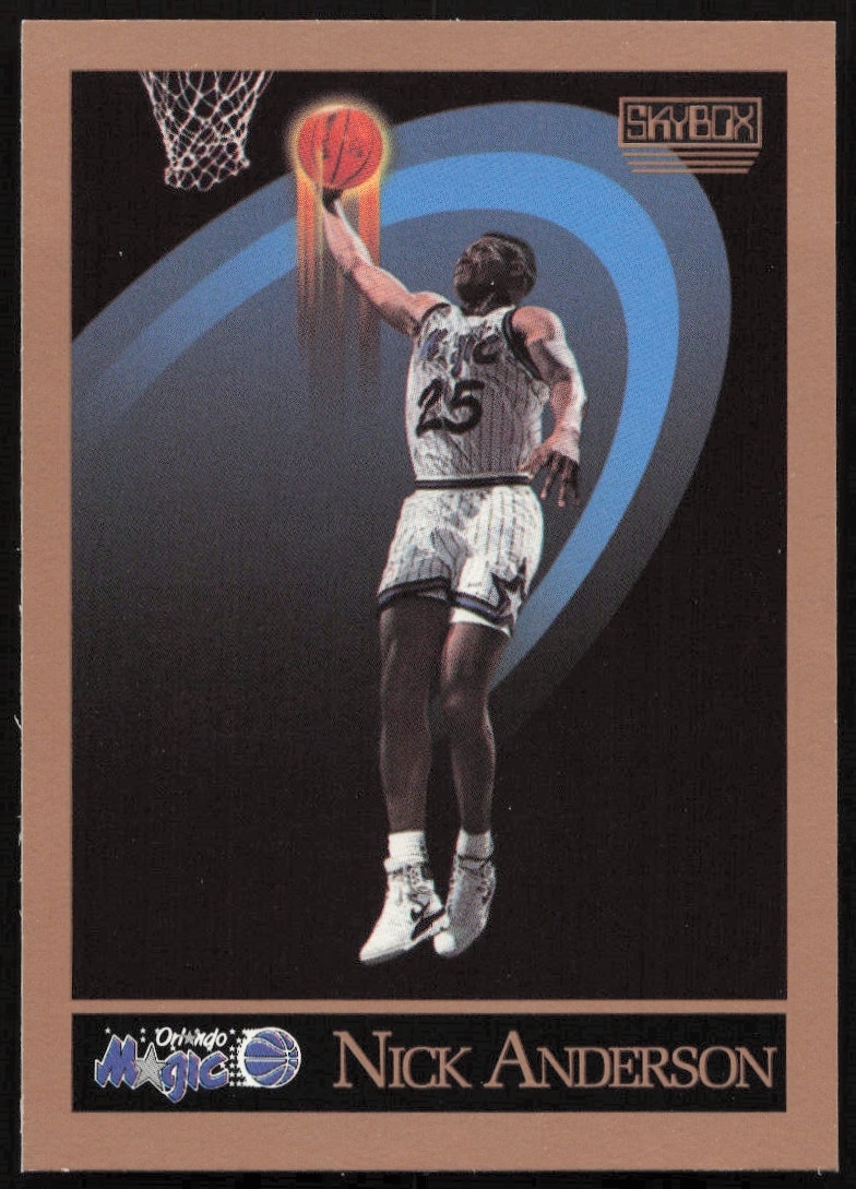 1990 SkyBox basketball card showing Orlando Magics Nick Anderson in action, card #199 front.