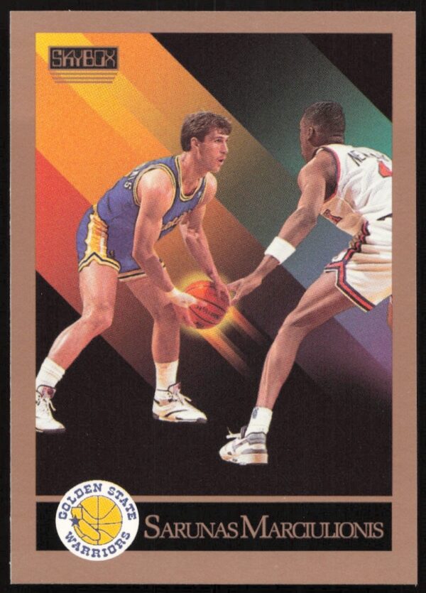 1990 SkyBox Sarunas Marciulionis #97 basketball card front, showcasing gameplay action.