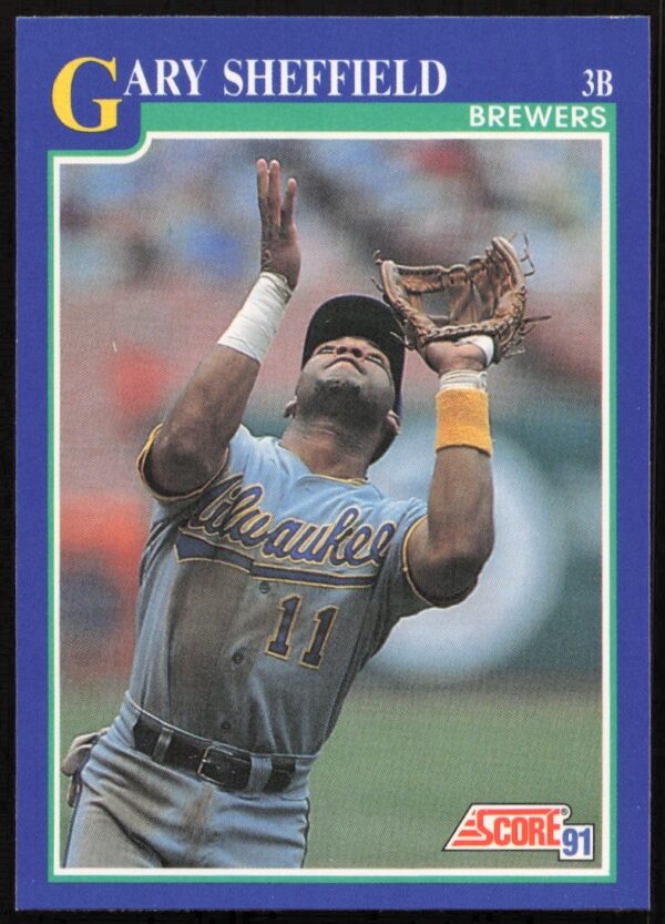 1991 Score Gary Sheffield baseball card front, featuring Milwaukee Brewers action stance.