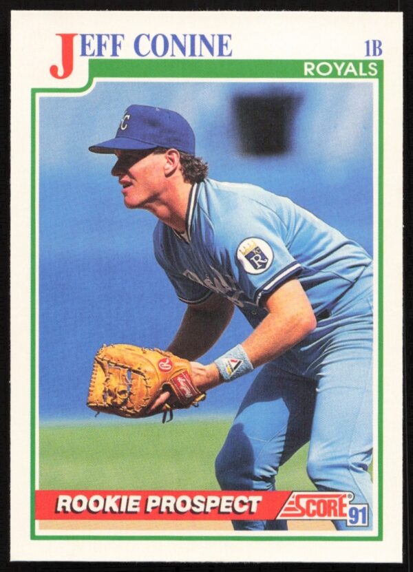 Vintage 1991 Score baseball card, Jeff Conine #722, showcasing early MLB career skills.