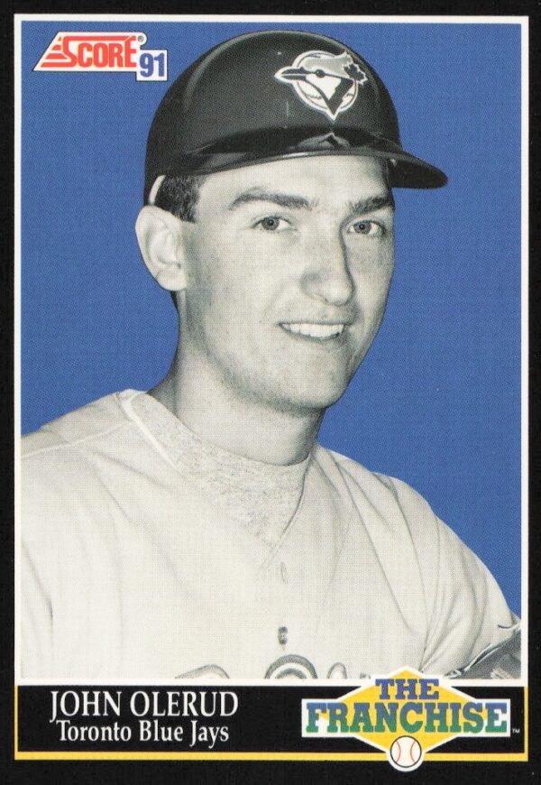 John Olerud 1991 Score card, Toronto Blue Jays, in action on baseball field.
