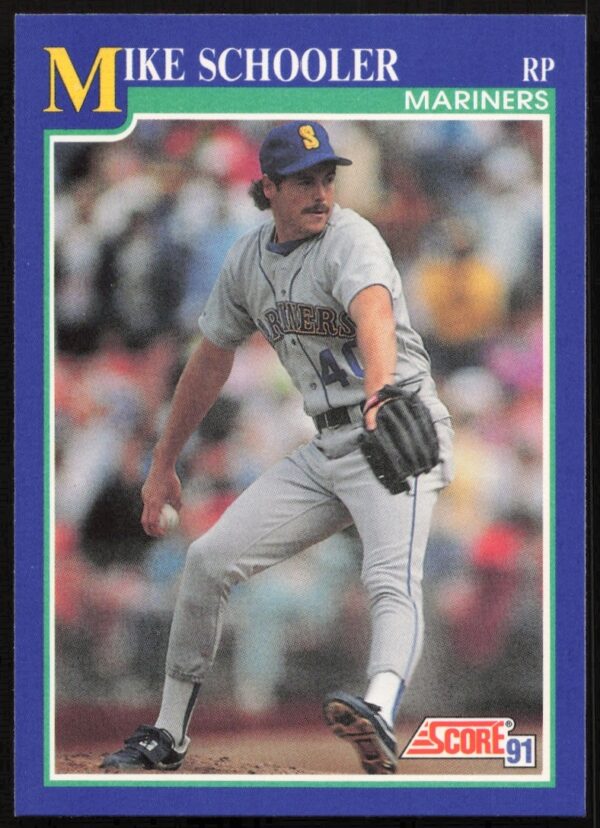 Front of 1991 Score baseball card featuring Seattle Mariners pitcher Mike Schooler.