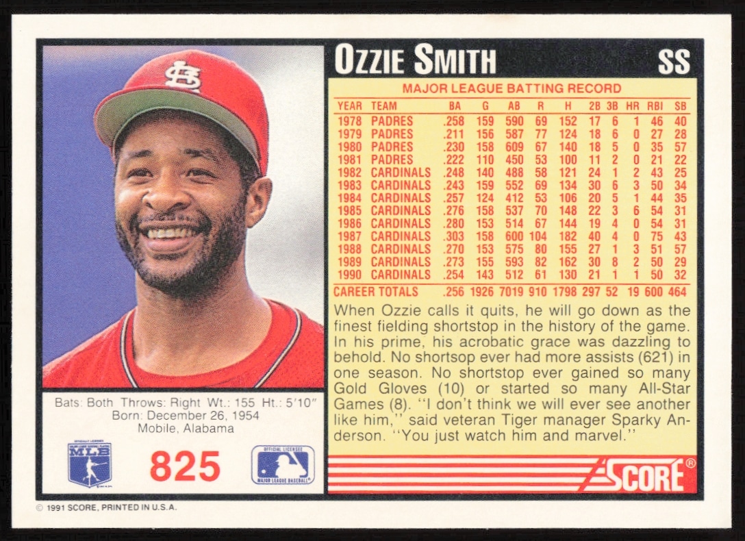 Back of 1991 Score Ozzie Smith #825, featuring his baseball stats and achievements.