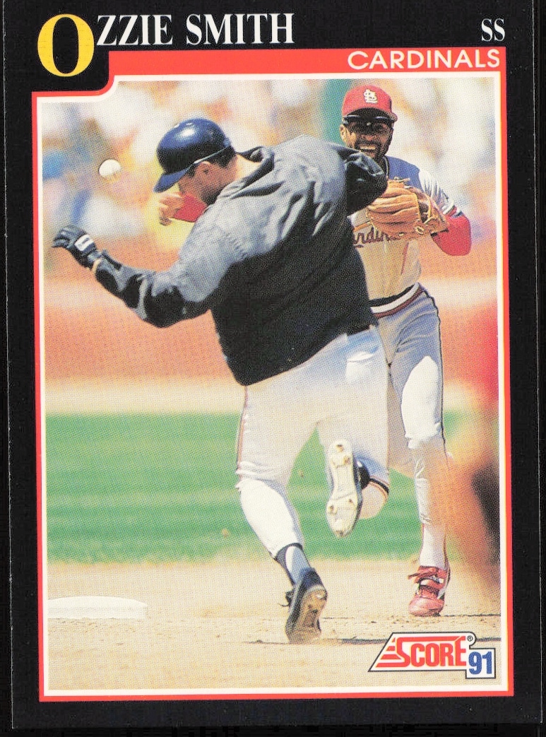Ozzie Smith 1991 Score baseball card #825, featuring legendary Cardinals shortstop in action.