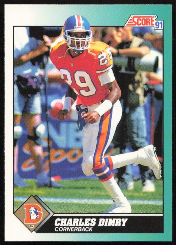 Charles Dimry 1991 Score Football Card #36T, Atlanta Falcons gear, dynamic pose.