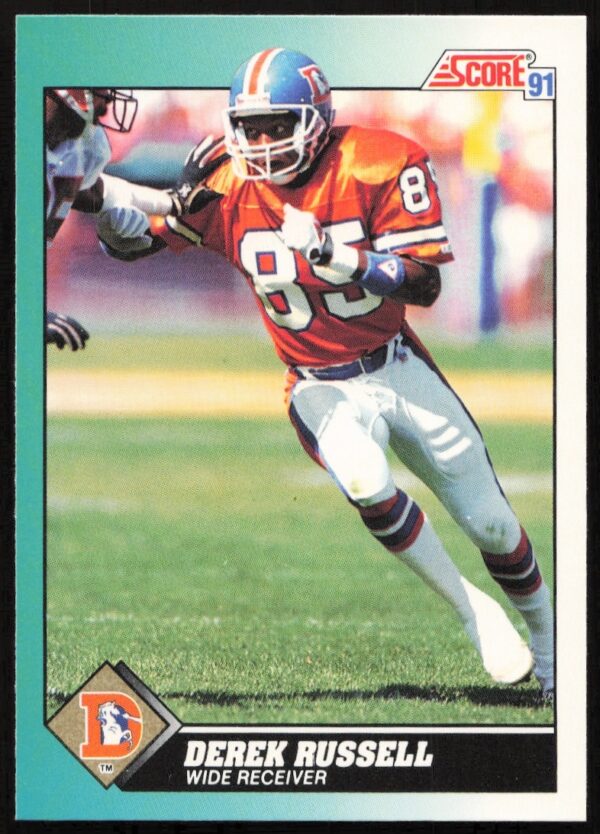 1991 Score Derek Russell Rookie Card #51T shows him in action for the Denver Broncos.