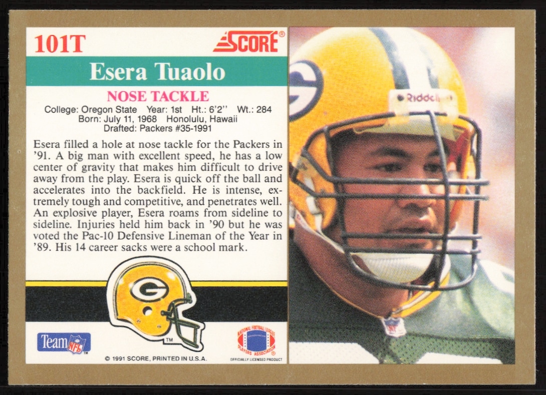 Back of 1991 Score Esera Tuaolo card, featuring stats and bio.