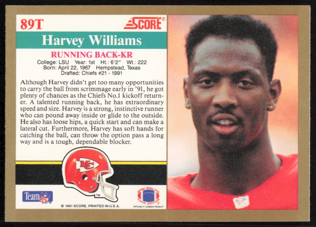 1991 Score Supplemental Harvey Williams Card Back: Stats, Biography, NFL Career Highlights.
