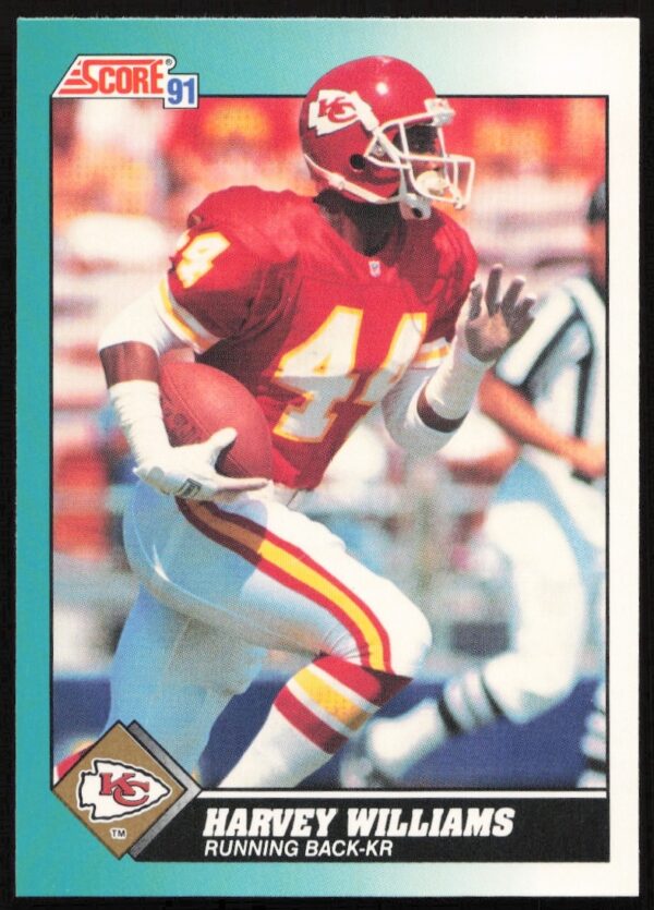 1991 Score Football Card: Harvey Williams #89T, action shot in professional uniform.