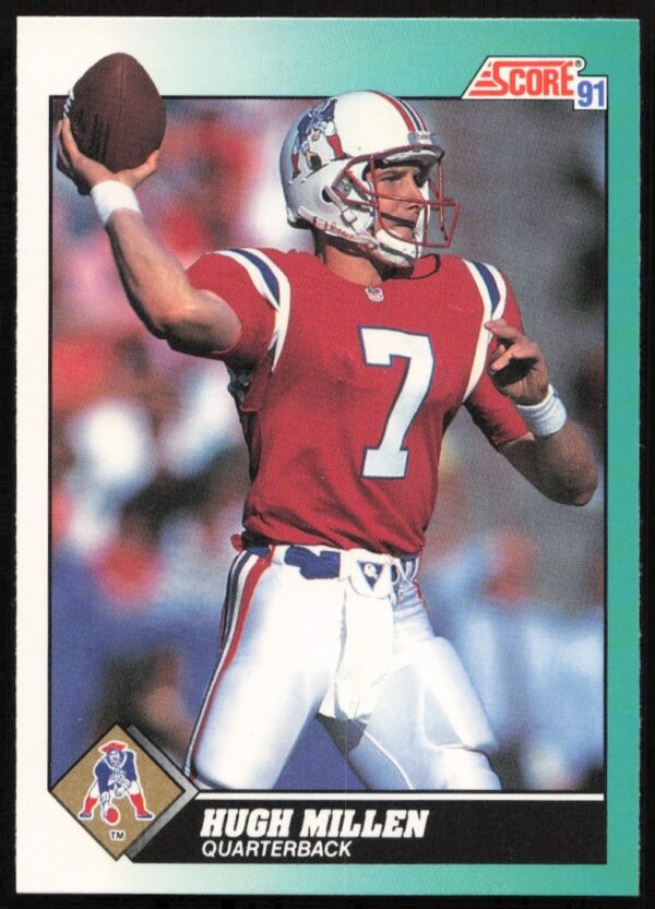 Hugh Millen 1991 Score Football Card #14T - New England Patriots QB in action.