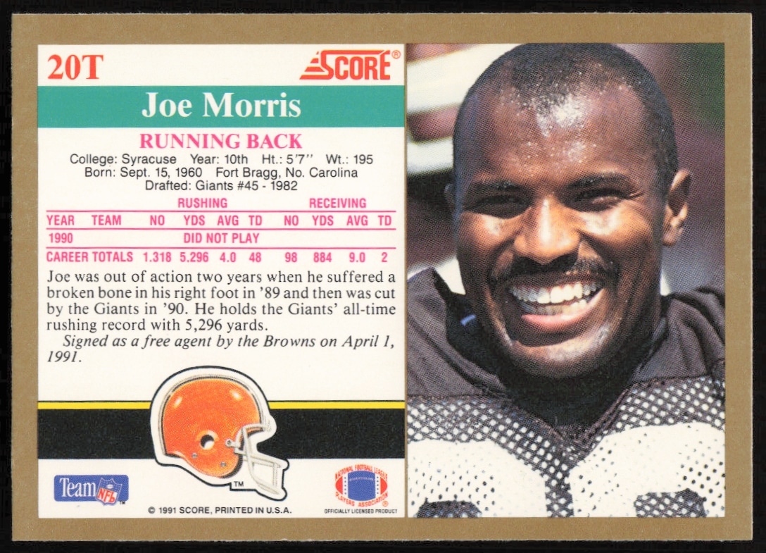 Back of 1991 Score Joe Morris football card featuring stats and career highlights.