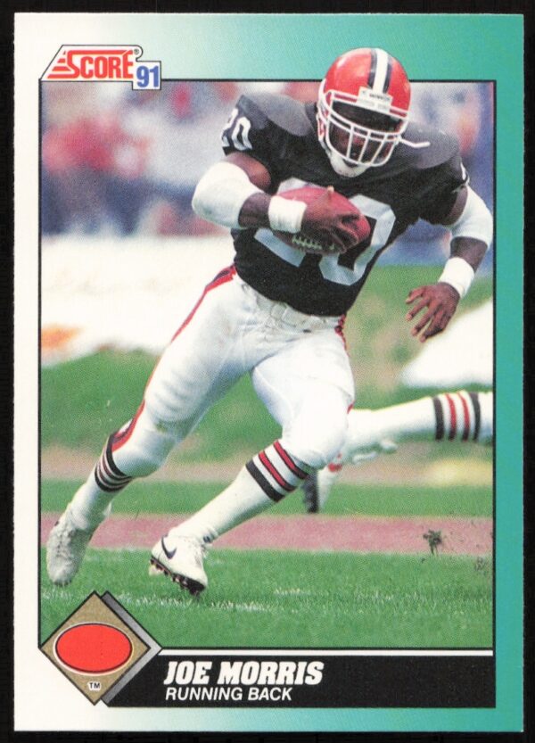 Joe Morris 1991 Score football card, New York Giants, mid-play, dynamic action shot.