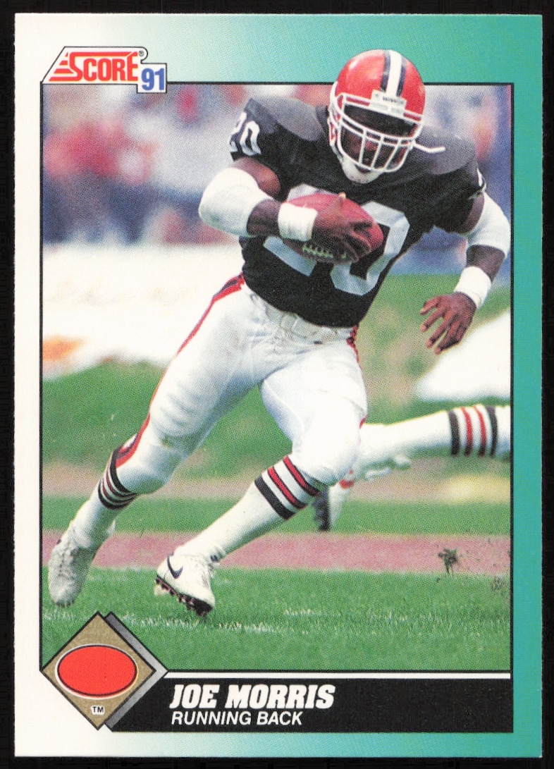 Joe Morris 1991 Score football card, New York Giants, mid-play, dynamic action shot.