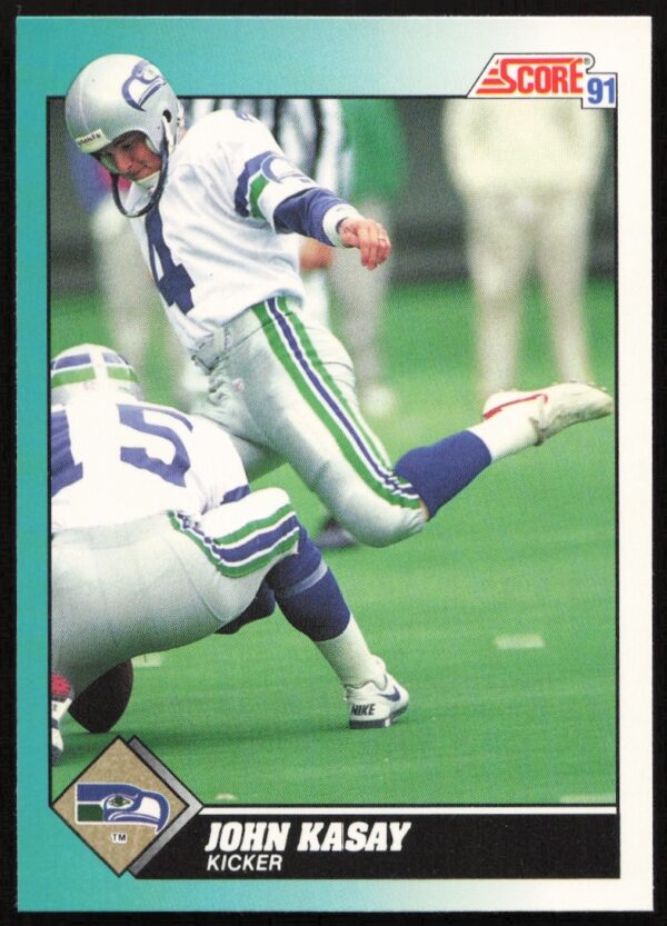 1991 Score John Kasay rookie card, #96T, featuring game stance in team uniform.