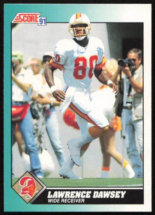 Lawrence Dawsey 1991 rookie card, Score Supplemental #74T, Tampa Bay Buccaneers action shot.