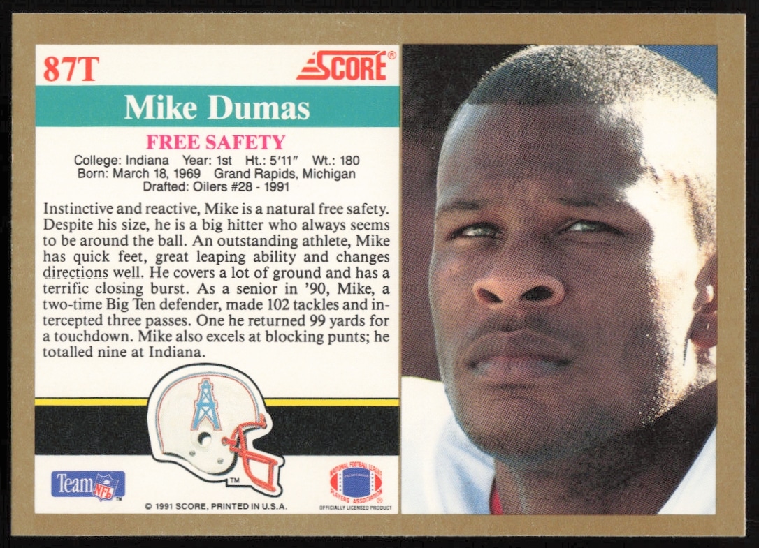 1991 Mike Dumas football card back featuring stats and biography, #87T, Score Supplemental series.
