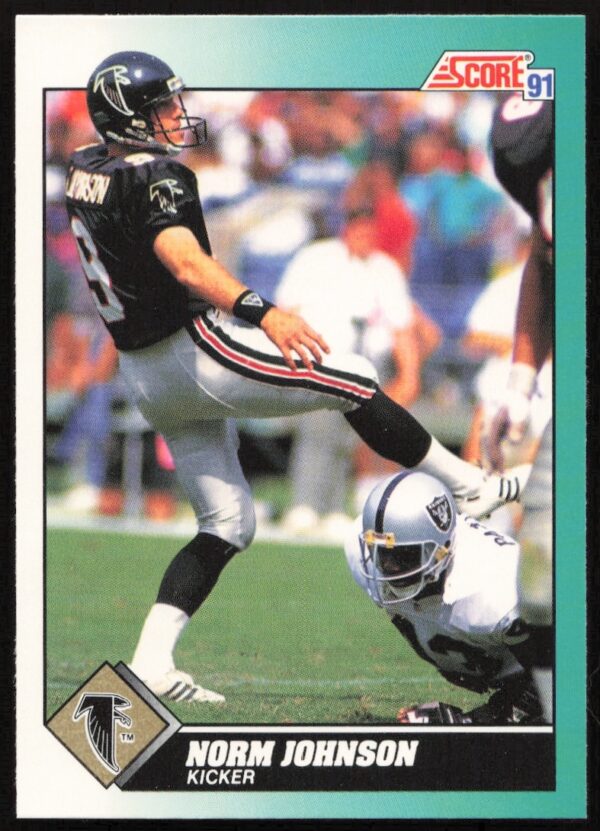 1991 Score Norm Johnson Seahawks trading card, featuring colorful mid-action gameplay.
