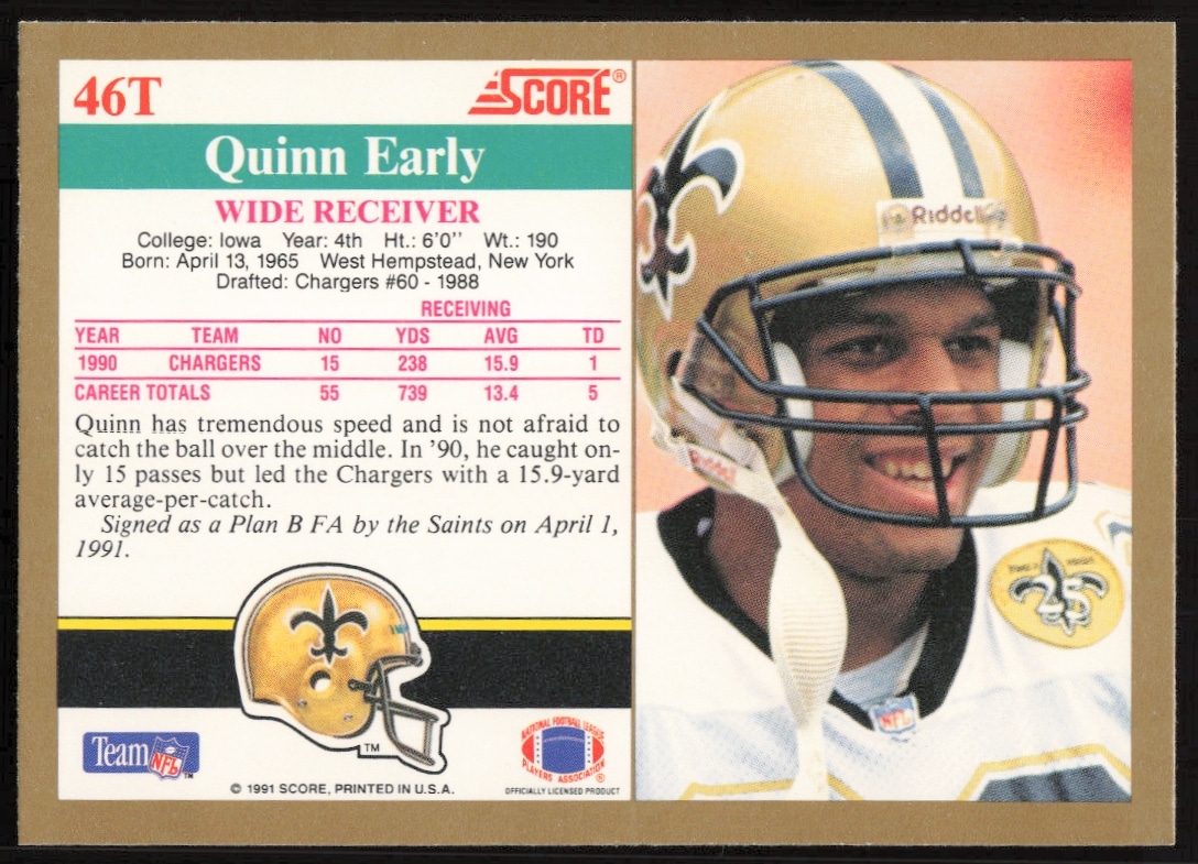 Back of 1991 Score Quinn Early #46T card with stats, team logo, and career highlights.