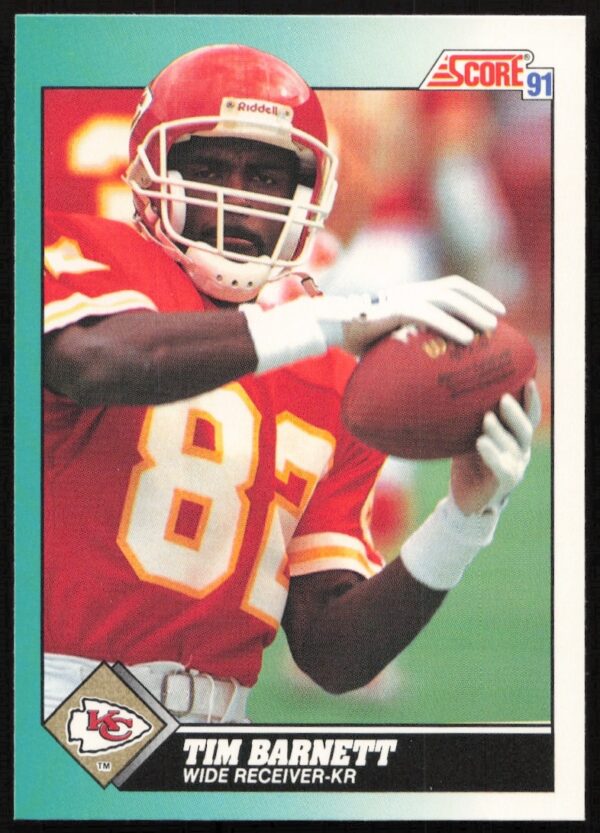 Tim Barnett 1991 Score football card, number 53T, front view in professional gear.