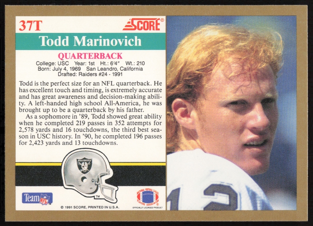 Back of 1991 Todd Marinovich Score football card highlighting career stats and early NFL achievements.