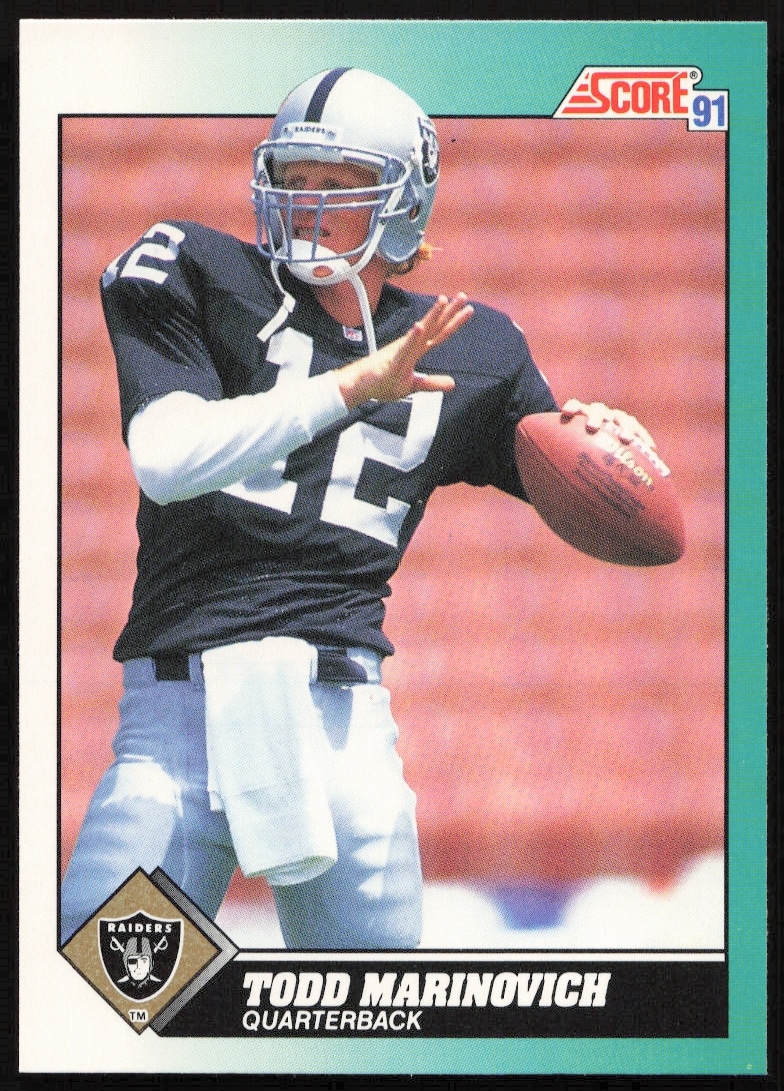 Front view of Todd Marinovich 1991 Score Supplemental trading card #37T, depicting him in-game as quarterback.