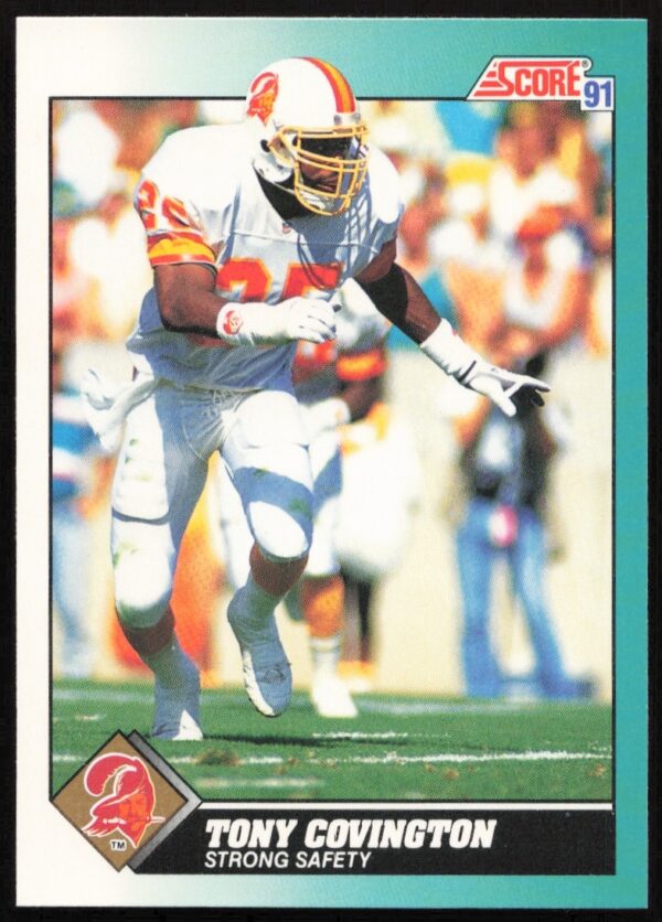 1991 Score football card of Tony Covington, #34T, showcasing his athletic action.