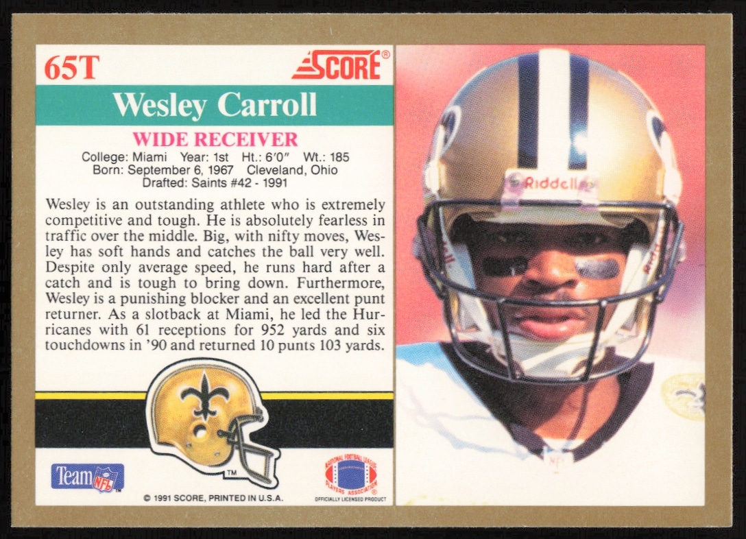 Back of 1991 Score Card Wesley Carroll #65T, featuring NFL stats and career highlights.