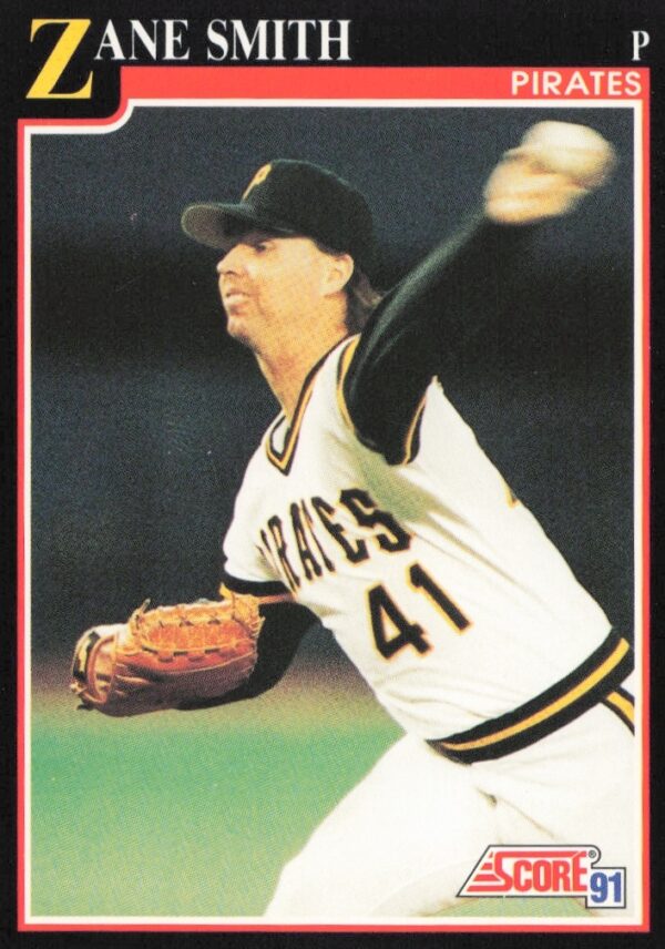 Baseball card of Zane Smith pitching for Atlanta Braves, 1991 Score #845.