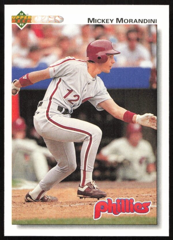 1992 Upper Deck Mickey Morandini baseball card, Philadelphia Phillies second baseman mid-action.