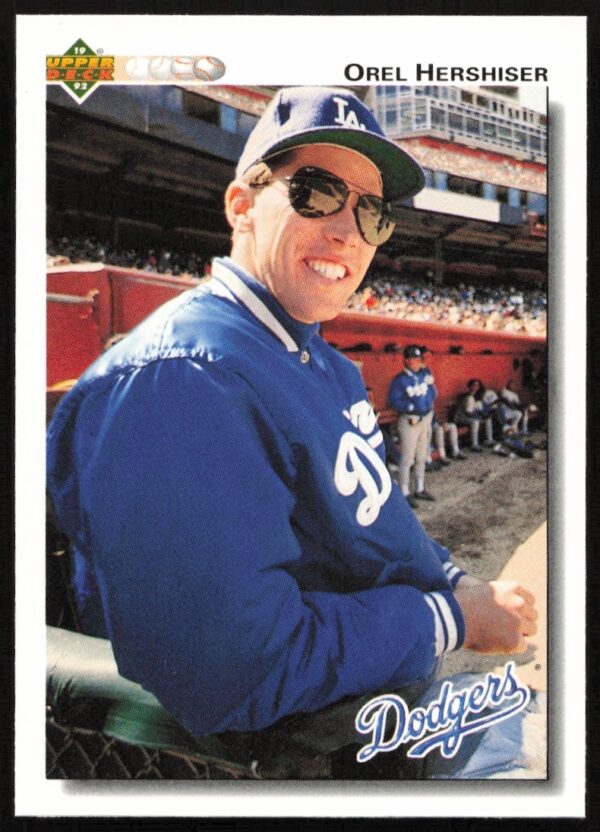1992 Upper Deck Orel Hershiser baseball card #261, Dodgers uniform, mid-pitch action shot.