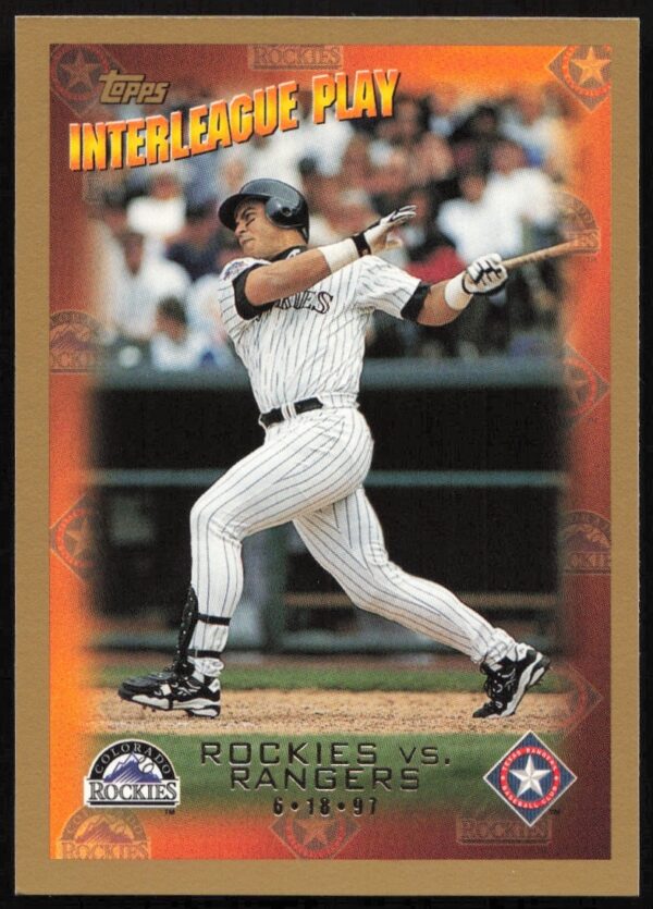 1998 Topps Andres Galarraga Baseball Card #274 showcasing interleague play action pose (Front).
