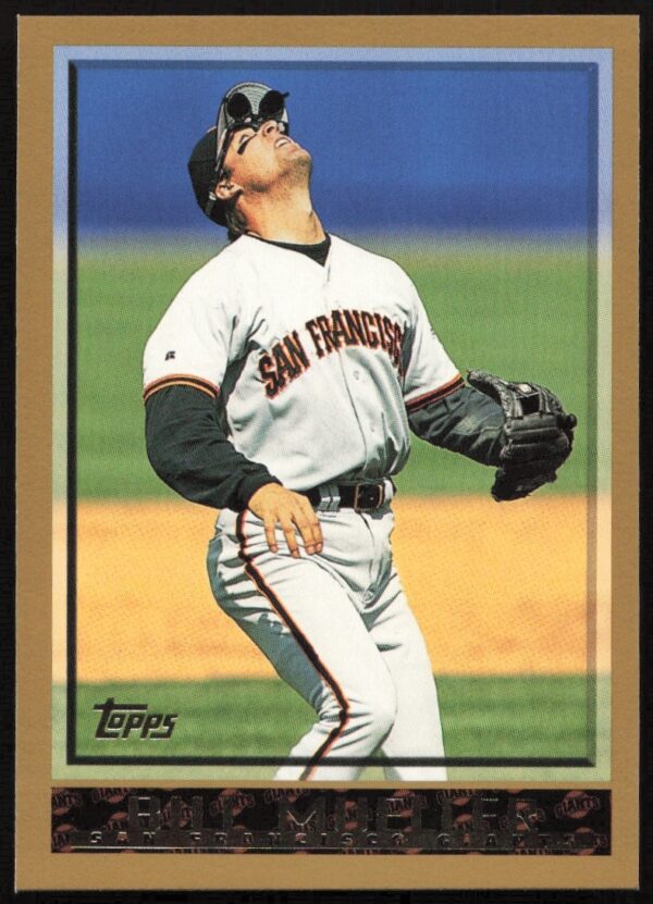 Front view of 1998 Topps Bill Mueller baseball card #201 with action pose and team logo.