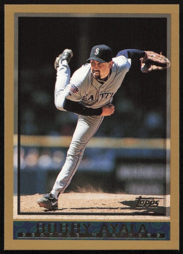 Front of 1998 Topps baseball card featuring Bobby Ayala in Seattle Mariners uniform.