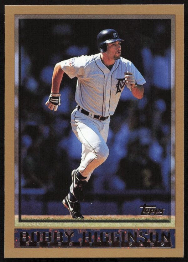 Bobby Higginson, 1998 Topps Card #436, Detroit Tigers, action pose in stadium.