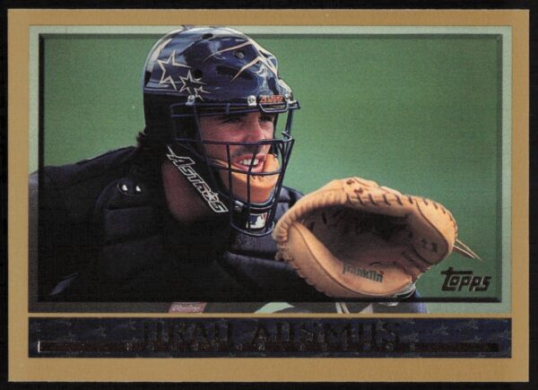 Brad Ausmus 1998 Topps card #43, Detroit Tigers, action pose.