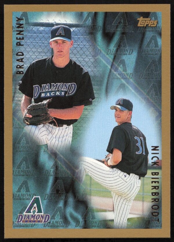 1998 Topps baseball card #499 featuring pitchers Brad Penny and Nick Bierbrodt in action.