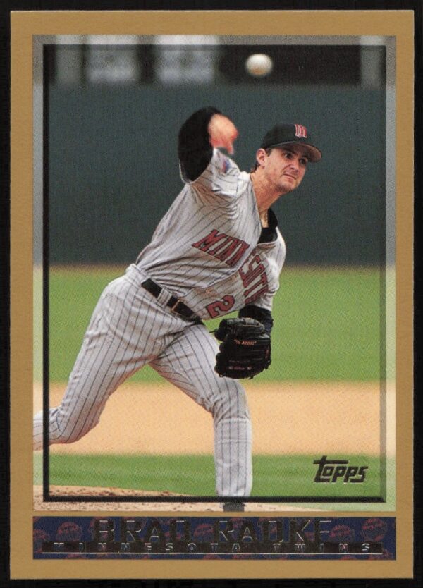 1998 Topps Brad Radke #113, Minnesota Twins pitcher mid-pitch, classic uniform.