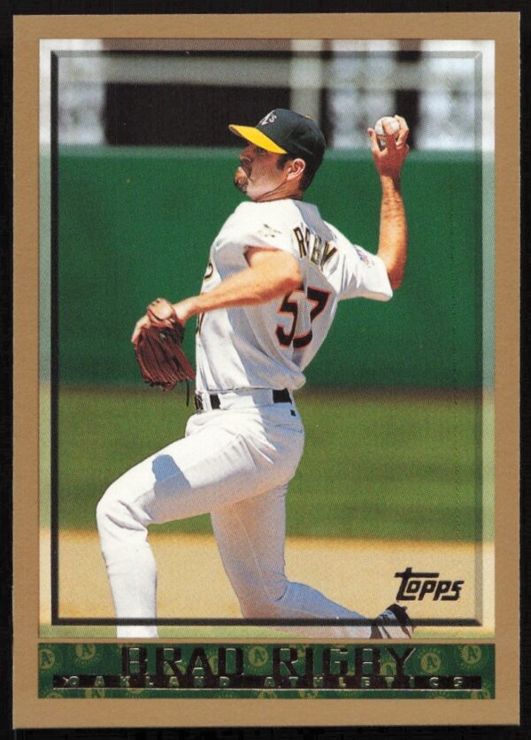 1998 Topps #415 Brad Rigby baseball card, showcasing Oakland Athletics pitcher in action.