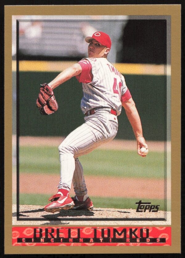 Brett Tomko in action, 1998 Topps Baseball Card #440, Cincinnati Reds pitcher collectible.