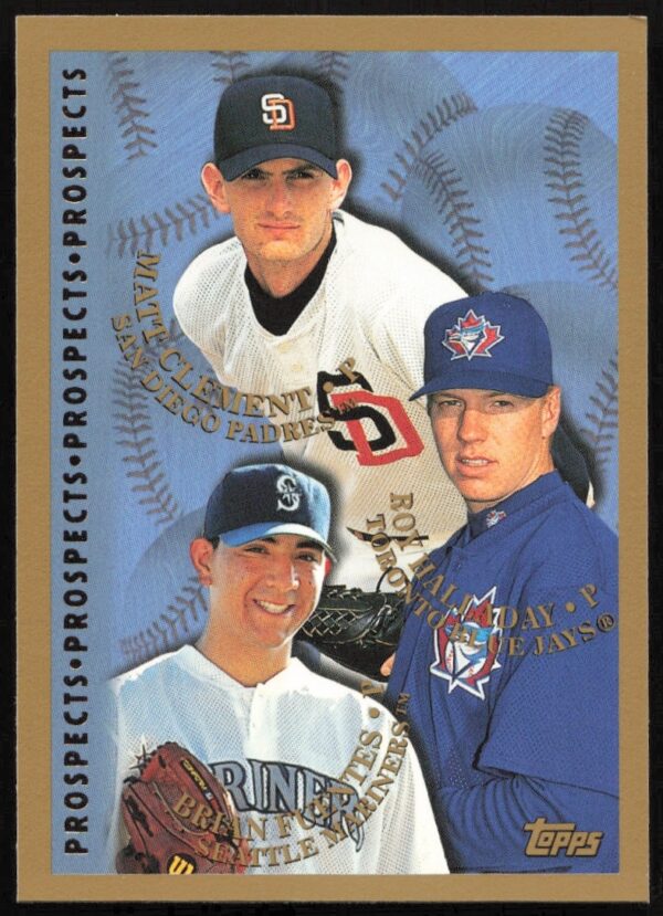 1998 Topps Prospects Card featuring Brian Fuentes, Matt Clement, and Roy Halladay.